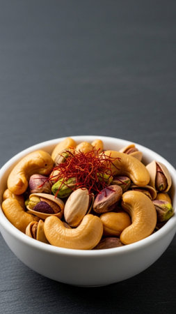 A vertical composition emphasizing the elegance of dessert garnishes. A clean white bowl containingの素材