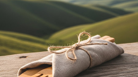 A CINEMATIC WIDE SHOT (16:9) featuring a tightly bundled set of bamboo utensils wrapped in linen, siの素材