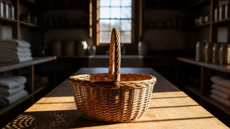 A cinematic, ultrawide (16:9) photograph of an empty rattan egg basket resting on a long, rustic butの素材