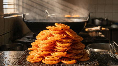 A cinematic wide-angle photograph (16:9) capturing a stack of freshly fried, golden jalebis on a cooの素材