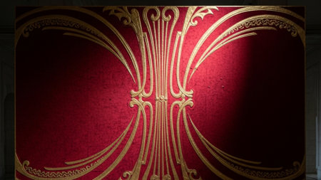 A cinematic wide shot of a vast architectural hall where the central feature is a wall covered in hiの素材