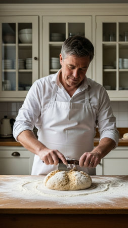 Full body vertical photograph of a professional baker centered in a rustic kitchen, focused intenselの素材