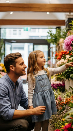 Full body vertical 9:16 shot of a father and his young daughter shopping for flowers inside an artisの素材