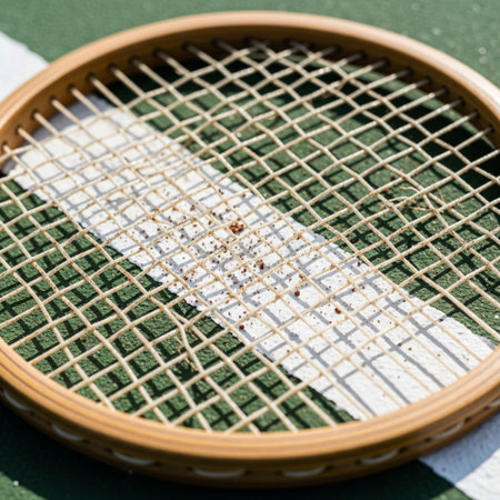 HERO DETAIL: A tightly framed, square (1:1) close-up focused exclusively on the string bed of a tennの素材