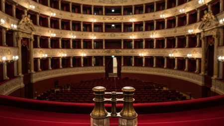 A breathtaking cinematic wide shot of an empty, opulent opera house auditorium, seen from a plush thの素材