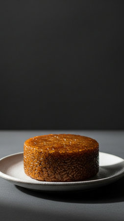 A striking vertical composition featuring an entire Nian Gao (sticky rice cake) on a simple servingの素材