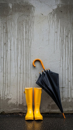A tall, vertical 9:16 composition featuring a pair of bright yellow rain boots and a black umbrellaの素材