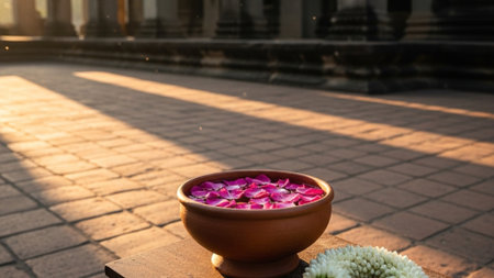 An environmental, cinematic wide shot (16:9) capturing a traditional Thai water bowl and jasmine garの素材