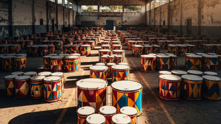 Panoramic, Ultrawide 16:9. An environmental cinematic view inside a large, open-air samba school rehの素材