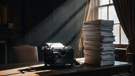 A panoramic, ultra-wide view of an atmospheric, high-ceilinged, dusty writing studio, emphasizing isの素材