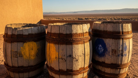 An environmental, cinematic wide shot capturing three old wooden drums used historically for utilitaの素材