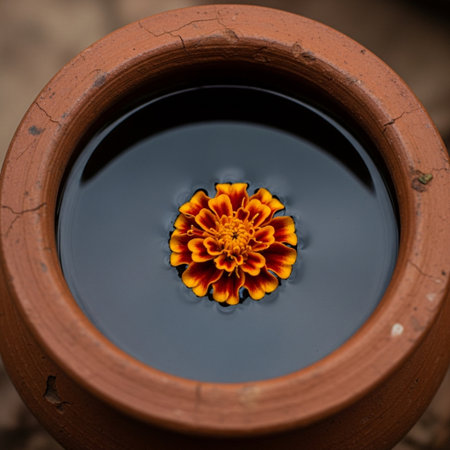 A focused, symmetrical detail shot capturing the precise moment the water meets the rough terracottaの素材