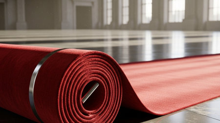 A panoramic, cinematic wide shot capturing a single, tightly rolled red carpet runner centered in aの素材