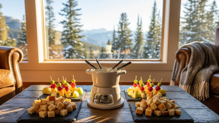 A cinematic environmental wide shot capturing a gourmet fondue setup in the middle ground of a luxurの素材