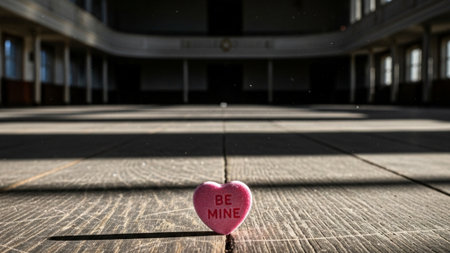 Cinematic wide environmental shot (16:9) featuring a single, unwrapped conversation heart reading 'Bの素材
