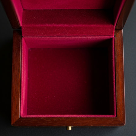 An intimate, square-format photograph capturing the internal detail of an empty, open jewelry box. Tの素材