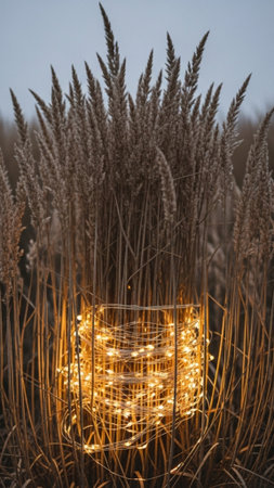 Extreme verticality emphasizing height. The subject--a tight clump of tall, golden-brown dried grassの素材