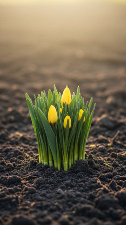 Editorial photograph showing the symbolic emergence of spring life. The scene is hyper-detailed, capの素材