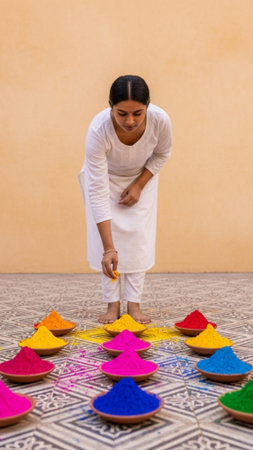 A vertical, full body composition showcasing the preparation for the Holi festival. A woman is standの素材