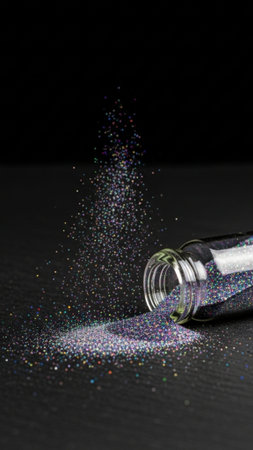 A detailed, high-resolution vertical shot of a small glass vial releasing a waterfall of multicoloreの素材