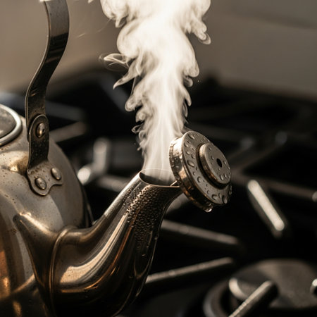 A closeup shot of a kettle with smoke coming out of itの素材