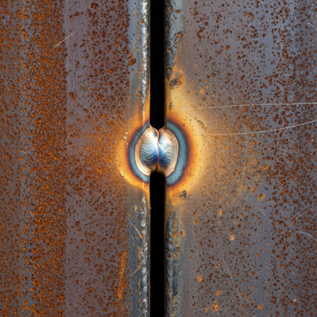 A close-up, square composition image focusing exclusively on the complex, rusted weld joint of a masの素材