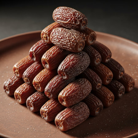 A square, tightly framed, symmetric close-up focusing intensely on a central pyramid stack of driedの素材