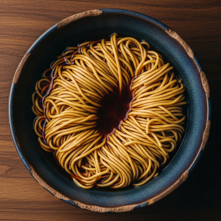 A square composition close-up showing a direct overhead view of a traditional, deep ceramic bowl holの素材