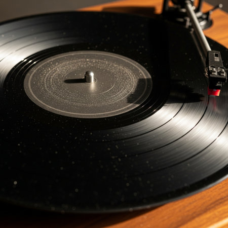 A tightly framed, symmetrical, cinematic medium shot capturing the essence of analog music. The centの素材