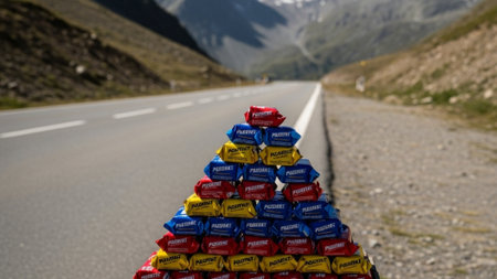 An ultrawide 16:9 cinematic environmental shot of a refueling point for professional cyclists, focusの素材