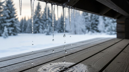 Panoramic environmental wide shot (16:9) showing the entire winter scene around a rustic wooden deckの素材