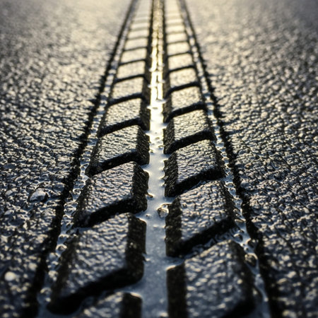 A hero detail close-up focused entirely on the texture and symmetry of a bicycle tire track impresseの素材