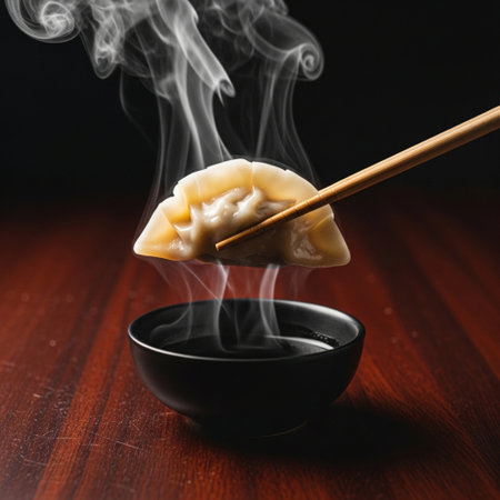 A square, tightly composed, cinematic close-up focusing on the intimate culinary moment of dipping.の素材