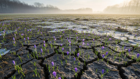 Cinematic wide shot (16:9) capturing the resilience of early spring. Small crocus sprouts burst throの素材