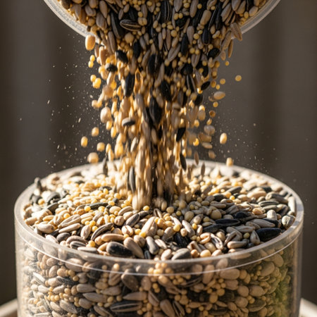 An extremely tight, detailed square (1:1) hero shot focused solely on the action of refilling a birdの素材