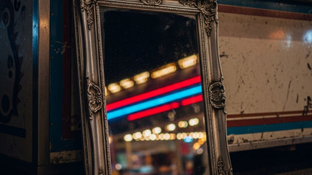 A panoramic, cinematic wide shot showing an antique, tarnished silver baroque mirror resting on a deの素材
