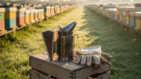 An ultrawide 16:9 cinematic shot of beekeeping tools (smoker and gloves) resting on stacked wooden cの素材