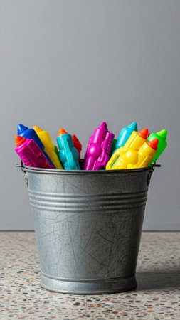A tall, vertical shot of a still life featuring a large, weathered metal bucket holding several smalの素材