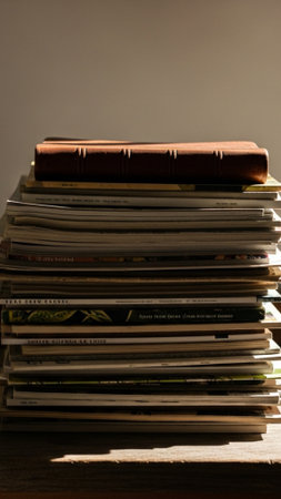 Still life focusing on the height and texture of a towering stack of gardening periodicals and catalの素材