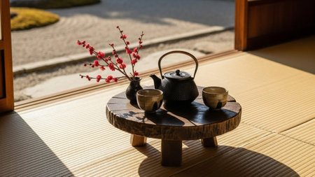 A breathtaking cinematic wide shot (16:9) capturing a Japanese tea set (Kyusu and cups) placed on aの素材