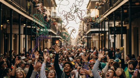 People throwing and catching beaded necklaces on a city street during a Mardi Gras celebration, captの素材