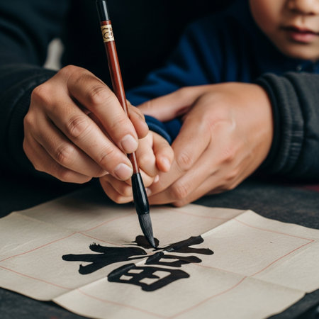 A square 1:1 composition capturing the intimate HERO DETAIL of cultural mentorship. The image centerの素材