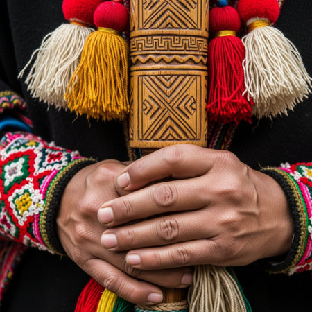 A Hero Detail shot capturing the essence of the Inti Raymi ceremony through the hands of a traditionの素材