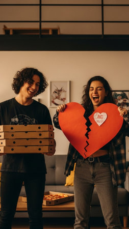 Full body vertical photograph of two friends in their 20s hosting an anti-Valentine's Day party. Oneの素材