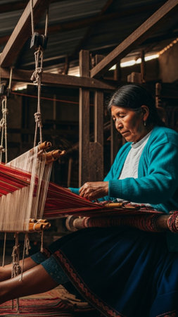 Indigenous textiles artisan weaving a complex pattern on a traditional loom indoors (Inti Raymi textの素材