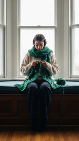 A striking vertical full body editorial photograph of a woman seated indoors on a window bench, deepの素材