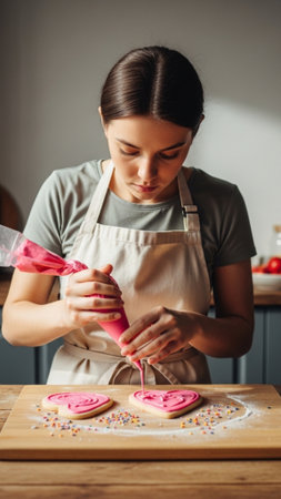 Full body vertical editorial photograph of a professional baker standing at a waist-high wooden kitcの素材