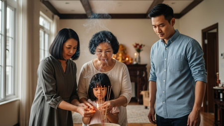 A wide, cinematic view of a multi-generational family conducting a spiritual home blessing ritual. Tの素材