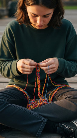 A full-body, sun-drenched portrait of a young person seated cross-legged on a worn wooden deck, concの素材