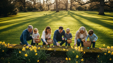 An environmental wide shot capturing a large family searching for Easter eggs in a spacious, sunny gの素材